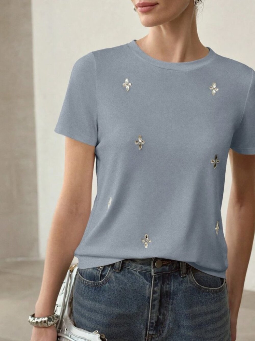 Dusty Mute Blue Gray Star Sparkle Applique Crew Neck Short Sleeve Tee